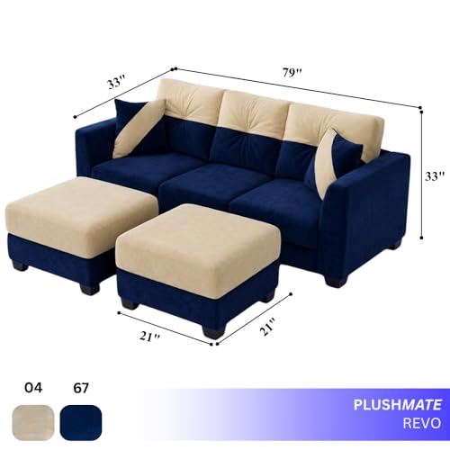 Image of Revola 5 Seater L Shape Sofa Set with 2 Movable Ottomans | Flexible Layout | Luxury Velvet Suede Fabric | Modern Living Room Sofa | Dark Blue-Cream