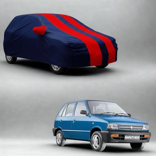 Image of RSP AARVIK Waterproof Car Body Cover Compatible with Mirror for Maruti Suzuki 800 with Long Lasting Durable Material Triple Stitched Elastic (2006-2025) Year Models (Red Stripe)