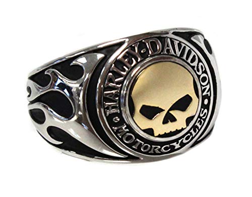 Harley-Davidson Mens .925 Silver Willie G Skull Flames with 14kt Gold Inlay Signet Ring-12 Harley-Davidson Mens .925 Silver Willie G Skull Flames with 14kt Gold Inlay Signet Ring-12