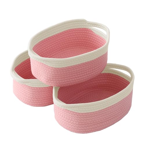 Image of JMvicyroam Small Woven Basket, Empty Gift Basket, White&Pink /3 Pack | Small Gift Basket, Cotton Rope, 12 x 8 x 71 in, Handles, Includes Ribbon and Bag, Birthday Gift Basket