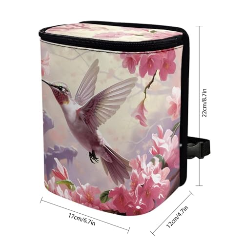 Image of Talayituse Hummingbird Cherry Blossom Print Car Trash Can with Lid, Leak Proof Auto Trash Bag Hanging Vehicle Garbage Can Multipurpose Storage Container for Back Seat Road Trip