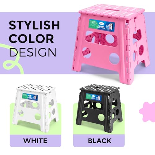 Image of Dyforce Folding Step Stool 13 Inch - Non-Slip Foldable Stool for Adults & Kids, Holds 300 lbs, Lightweight Compact Foot Stool with Handle for Kitchen, Bathroom, Bedroom (Pink)