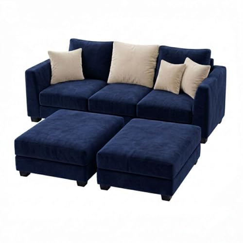 Image of SOCOZI Trevano 5 Seater L Shape Sofa Set with 2 Movable Ottomans | Flexible Layout| Soft Velvet Suede Fabric|Modern Sofa | Plush Comfort Cushions for Living Room (Cream-Dark Blue)