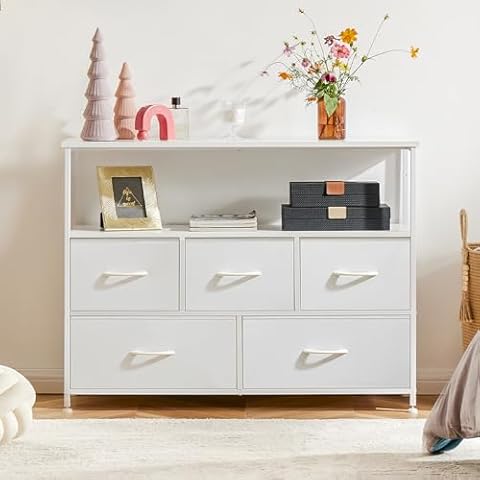 MONOLAYA Dresser for Bedroom with 5 Large Storage Drawers, Dresser Chest of Drawers with Open Shelf, Closet Fabric Dresser with Metal Frame for Living Room, Hallway, Entryway, White Cover
