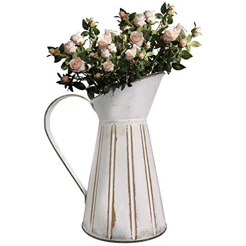 Soyizom Shabby chic Rustic Pitcher Vase French Metal Milk Jug Country Farmhouse Vase Decorative Pitcher Primitive Tin Watering Can Jug Flower Holder for Bathroom, Bedroom, Kitchen Decor,White-pitcher Cover