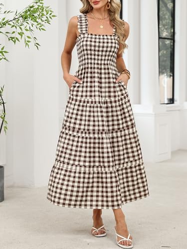 Image of Caracilia Womens Summer Maxi Dresses Floral Smocked Sleeveless Ruffle Boho Casual Flowy Aline Beach Vacation Long Sundress