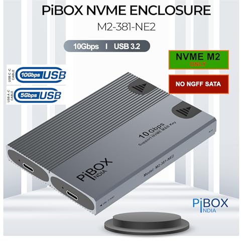 Image of NVME M2 Enclosure Dual, PiBOX India NVMe SSD Enclosure - USB 3.2 10Gbps, Tool-Free M.2 NVMe Case, PCI-E NVMe Reader, USB-C, Supports M & B&M Keys, 2230 /2242 /2260 /2280 SSDs, REALTEK RTL9210 Chipset