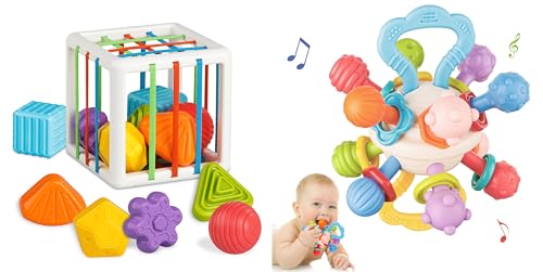 Image of Aprilwolf Montessori Toys Cube Bin & 6 Sensory Shape Blocks, Baby Sensory Teething Relief Ball for Infants Rattle Chew Toys