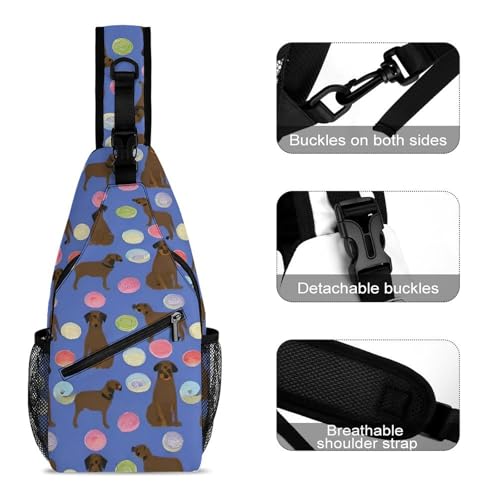 Cute Sling Bag Backpack, Backpacking, Abrador Retriever Dogs Pet Chocolate Labs Donuts Art Crossbody Rucksack, Camera Case, Gym Crossbody Sack Satchel Outdoor Hiking Bag for Men Women3