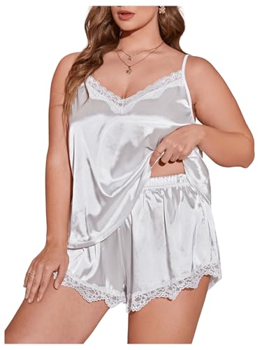 OYOANGLE Women's Plus Size 2 Piece Pajama Satin Lace Trim Cami Top and Shorts Sleepwear Set