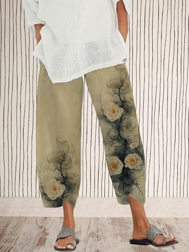 Women's Wide Leg Pants Boho Floral Print Trousers Fashion Graphic High Waist Elastic Cropped Capri Pants with Packets4