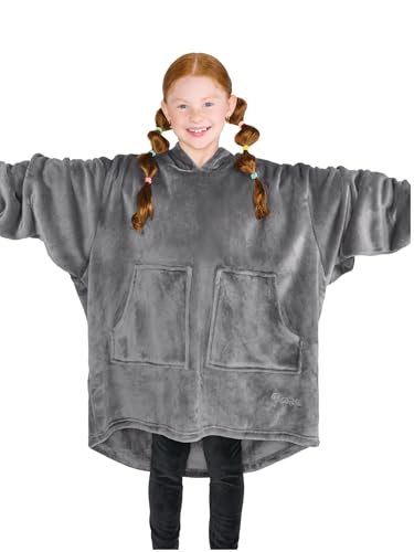 Bare Home Microplush Wearable Blanket with Split Front Pockets - Soft and Plush - Warm and Cozy - Adult &amp; Kid Sizes (Kids, Grey)