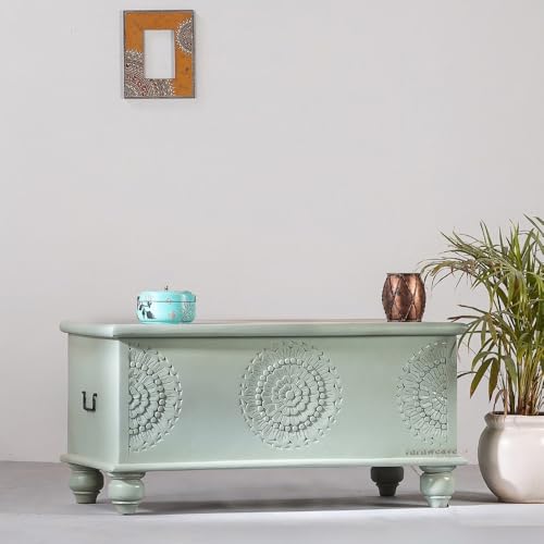 Image of Rafi Wooden Trunk Box for Storage | Solid Wood Coffee Table for Living Room | Center Coffee Table with Storage | Front Wooden Carved Sandook Pitara for Home Decor & Bedroom (Green Ela)