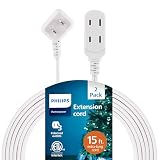 Philips 2-Pack Indoor Extension Cord Power Strip 15 ft, Flat Plug with Multiple Outlets, 2 Prong, White, ETL Listed, SPS3185W/37