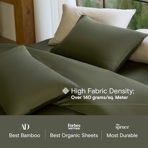 Image of DOZ Sheet Set, 100% Viscose derived from Bamboo, Organically Grown, Buttery Soft, Cooling Sheets, High GSM, Deep Pockets - 2 Piece - 1 Pillowcase 1 Fitted Sheet (Olive, Twin XL)