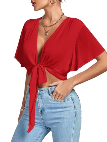 Image of LYANER Women's Sexy Deep V Neck Tie Front Wrap Cropped Blouse Bell Short Sleeve Ruffle Crop Tops