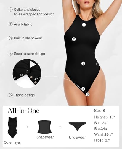 Image of Popilush Bodysuits for Women Scoop Neck Body Suits Sleeveless Thong Halter Cotton Casual Tank Top for Summer