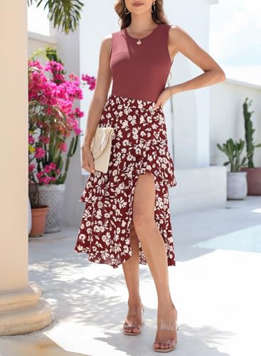 Image of Dokotoo Women's 2026 Sleeveless Spring Summer Dresses Casual Boho Crewneck Floral Boho Cocktail Party Dresses