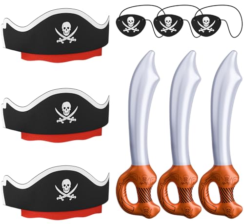 ZeeDix 3 Pcs Pirates Hats with 3 Pcs Eye Patches and 3 Swords Pirate Accessories for Kids Party Decorations for Christmas Halloween Masquerade Cosplay Birthday