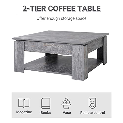 HOMCOM 2 Tier Wood Coffee Table Side Table Bottom Storage Shelf Simple Modern Living Room Grey Wood Grain - Image 5