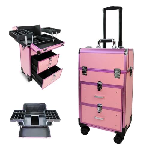 BRZU トロリーコスメケース 鍵付き大型コスメバッグ 引き出し式コスメボックス ローリングトレインボックス キャスター付き 防水 防錆 変形しにくい コスメバッグ コスメボックス コスメ収納バッグ ブラック (ピンク)