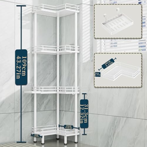 Image of Consumest Corner Shower Caddy Standing - 4-Tier Stainless Steel Shower Organizer with Soap Holder and 4 Hooks, Large Capacity Corner Shelf Stand for Bathroom, Rest Room, White