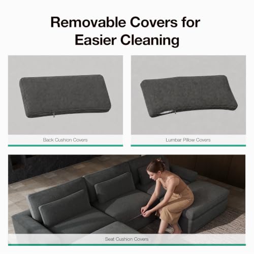 Image of Novilla 181 inch Deep Seat Modular Sectional Sofa, Removable Washable Covers, 4 Seater Cloud Couch with Lumbar Pillows, Chenille Boneless Sectional Couch Dark Gray, No Assembly Required