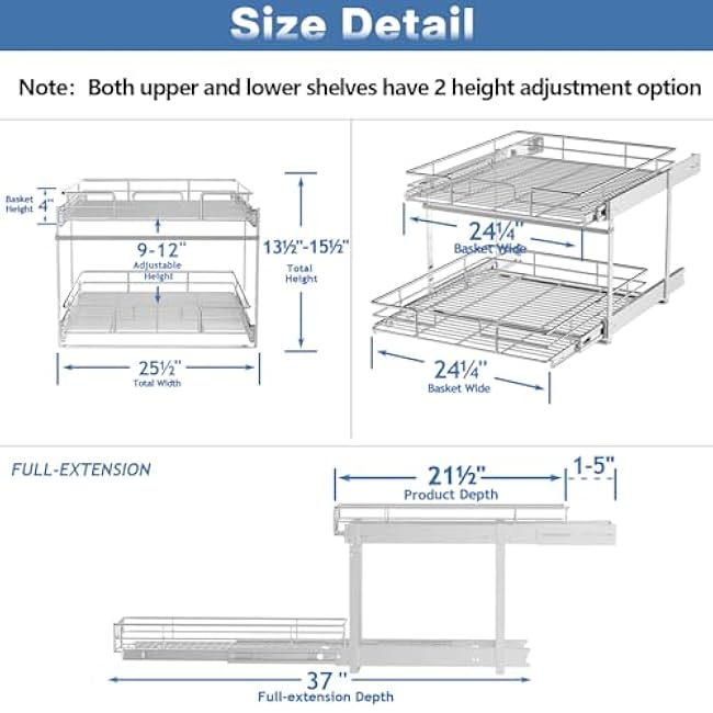 LOVMOR 2 Tier Individual Pull Out Cabinet Organizer 25? W x 21? D, Slide Out Kitchen Cabinet Storage Sliding Shelves