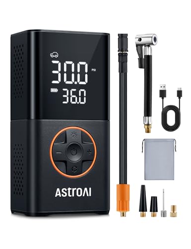 AstroAI Car Tyre Inflator Air Compressor Pocket Size Rechargeable 150 PSI Bike Pump with Pressure Gauge Digital Dual Values Display Extended Hose 5 Valves for Car Bike Motorcycle Ball