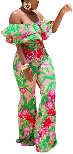 Aro Lora Women's Off Shoulder Floral Printed Cropped Wide Leg Jumpsuits Rompers X-Large Green