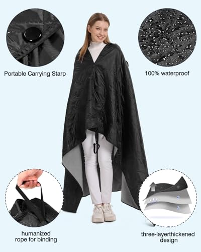wasserdichte Fleecedecke Picknickdecke, Winddicht Reisedecke Ultraleicht Warm Sandfest, Tragbare Groß Decke Mit Hut für Outdoor Camping, Stadion, Yoga, Strand, Kaltes Wetter, 145 x 190 cm, Schwarz