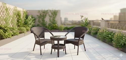 Image of India Garden Patio Seating Chair and Table Set Outdoor Balcony Garden Coffee Table Set Furniture with Table and Chairs Set (Brown with Tripod Table 2+1)