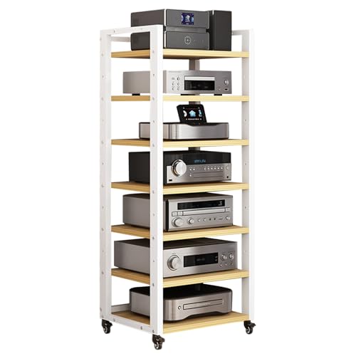 Moderno mueble para AV y rage, estantería de 7 niveles para espacios pequeños, centro de entretenimiento, elegante estante para juegos y cine en casa (blanco/acabado de madera)