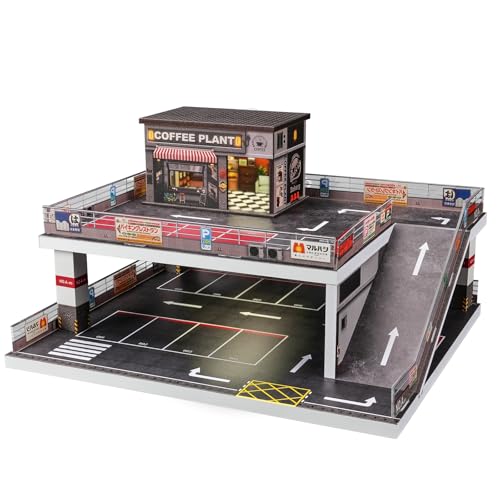 Image of kivmcds Display Case for Hot Wheels Matchbox Toy Car Monster Truck,Lighted Ramp Scene Diorama Garage Parking for 1 /64 Diecast Car,Maximum Hold 40+ Cars (Coffee Shop)