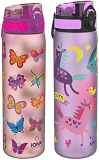 Ion8 Leak Proof Slim Water Bottle, BPA Free, Butterfly, 500ml (18oz) & Leak Proof Slim Water Bottle, BPA Free, Unicorns, 500ml (18oz)
