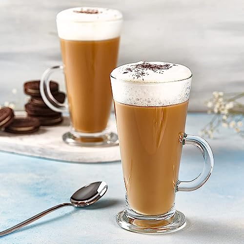 Image of Kamvy Irish Glass Coffee Mugs with Handle, Large Size Plain Glasses Set of 2, 270ml Tall Funnel Clear Glasses for Iced Cold Coffee, Latte, Cappuccino, Hot Chocolate (Chocolate Mug - 2)
