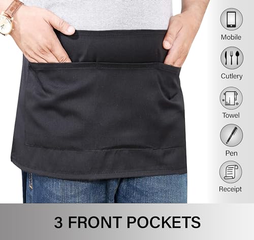 RUVANTI 6 Pack Server Aprons with Pockets, Black Apron for Men, PolyCotton Chef Aprons for Women with 29" Long Waist Strap