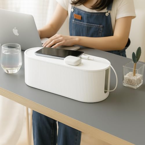Image of Soko Cable Management Box with Mobile Stand | Cords Hider & Surge Protector | Concealer for Power Strips, Router, TV, Gadget Wires Storage Organizer Tray for Desk, Table - Home, Office - White