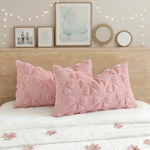 Image of decorUhome Pink Bow Pillow Covers Set of 2 Coquette Aesthetic Cute Preppy Plush Faux Pillowcases for Girly Bedroom or Couch 12x20 Inch