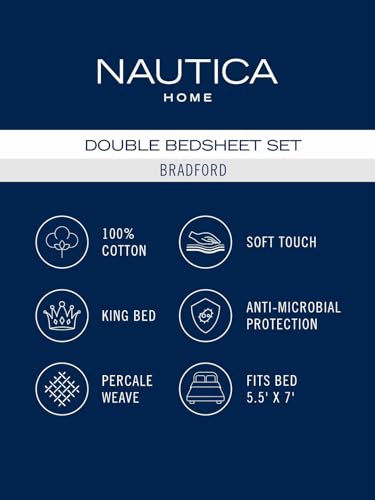 Image of NAUTICA Super Soft Cotton King Bedsheet with 2 Pillow Covers -3Pc Set (Bradford) Stripe-Blue /Green,160 TC