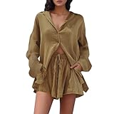 QJDFLL Damen Einfarbiges Langarmshirt und Shorts Set Lässiges Strandoutfit Zweiteiliges Outfit(Braun,S)
