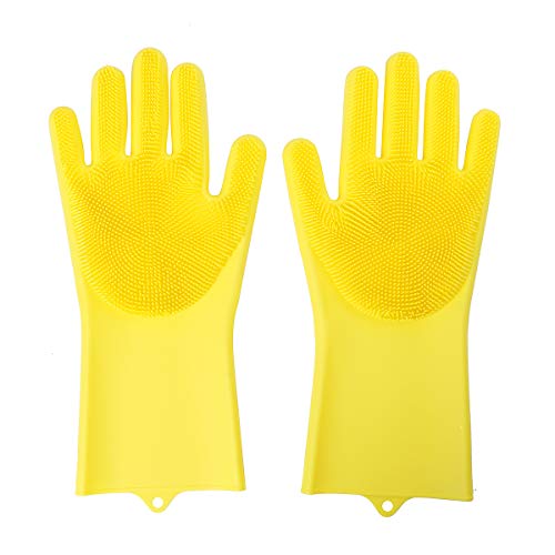Preisvergleich Produktbild Funhoo Magische Handschuhe mit Schrubber aus Silikon Hitzebeständig Wiederverwenbar Reinigungshandschuhe Helfer für Küche, Geschirr, Haustier, Auto (gelb)