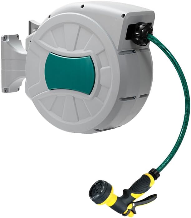 1/2 in x 50 FT Retractable Garden Hose Reel, 180° Rotatable Wall-Mounted Water Hose Reel with 8-Pattern Spray Nozzle, Auto-Rewind & Anti-Kink, for Garden Watering, Car Washing, Pet Bathing