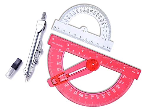 Drawing Compass and Plastic Math Protractors 180 Degree,6 Inch Swing Arm Protractor and 4 Inch Small Protractor,3 Piece Student Geometry Math Set