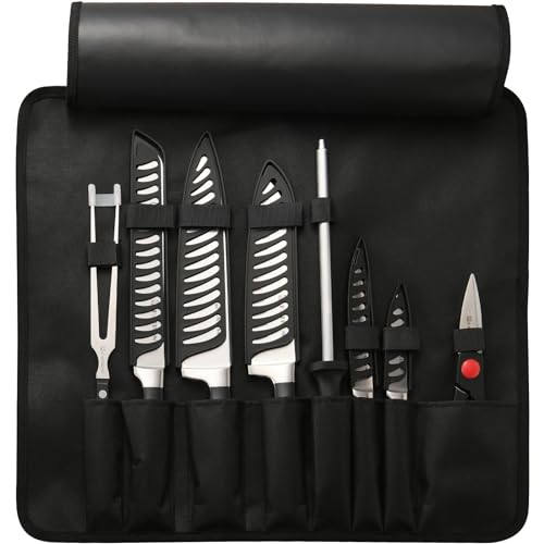 KATISUN Knife Set Roll Bag, 8 Pieces German High Carbon Stainless Steel Chef Knives with Hollow Handle, Portable Knife Roll Storage Bag, Blade Guards, Kitchen Shears for Outdoor Camping Travel