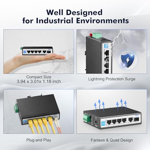 Image of 6 Port Mini Gigabit Industrial DIN-Rail Switch, 4 x 100 /1000Mbps Ports,1 Gigabit Uplink and 1 Gigabit SFP, Din Rail & Wall Mount Included, Unmanaged IP30 (-40~185F) Hardened YuLinca Industrial Switch