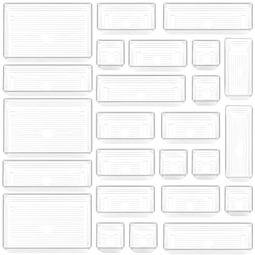 Image of DCA 25 PCS Clear Plastic Drawer Organizer Tray, Bathroom Organizers and Storage Bins for Makeup, Kitchen Utensils, Jewelries, Gadgets, Office Desk