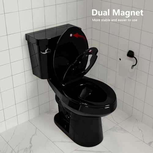 Elongated Toilet Seat with Built-in Toddler Seat for Easy Potty Training – Slow Close Feature,Easy Install and Clean, Perfect for Both Adults and Children,Black