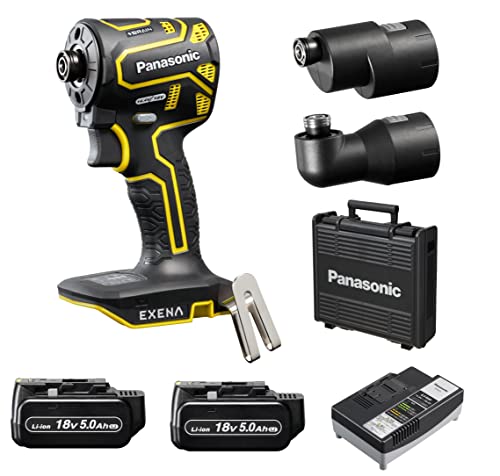 パナソニック 充電インパクトドライバー EZ1PD1 デュアル+BRAIN 電子クラッチ搭載 18V高容量5.0Ah電池パック×2個 充電器 アタッチメント プラスチックケース付 EXENA Pシリーズ イエロー EZ1PD1J18A1Y