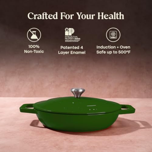 Image of CUMIN CO. Cast Iron Braiser | 26cm, 2.5L (Serves 5-6) | Non Toxic Cooking Pot with Lid | Patented Enamel Coating | FDA Compliant | Induction & Oven Safe | Green